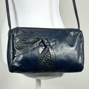 Vintage Navy Leather Small Crossbody Bag Bow Detail Purse Reem USA Classic